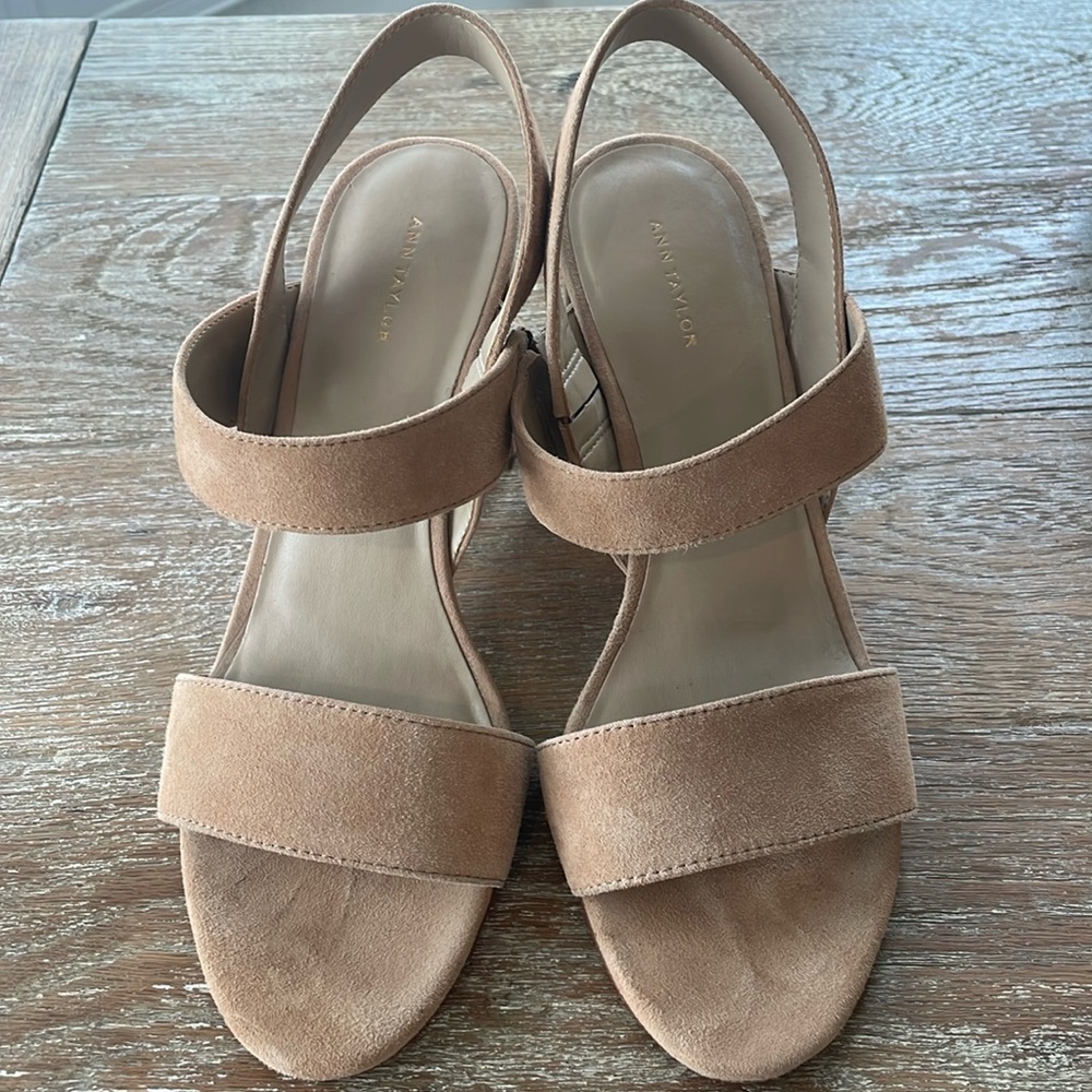 And Taylor, beige, suede heels, size 9